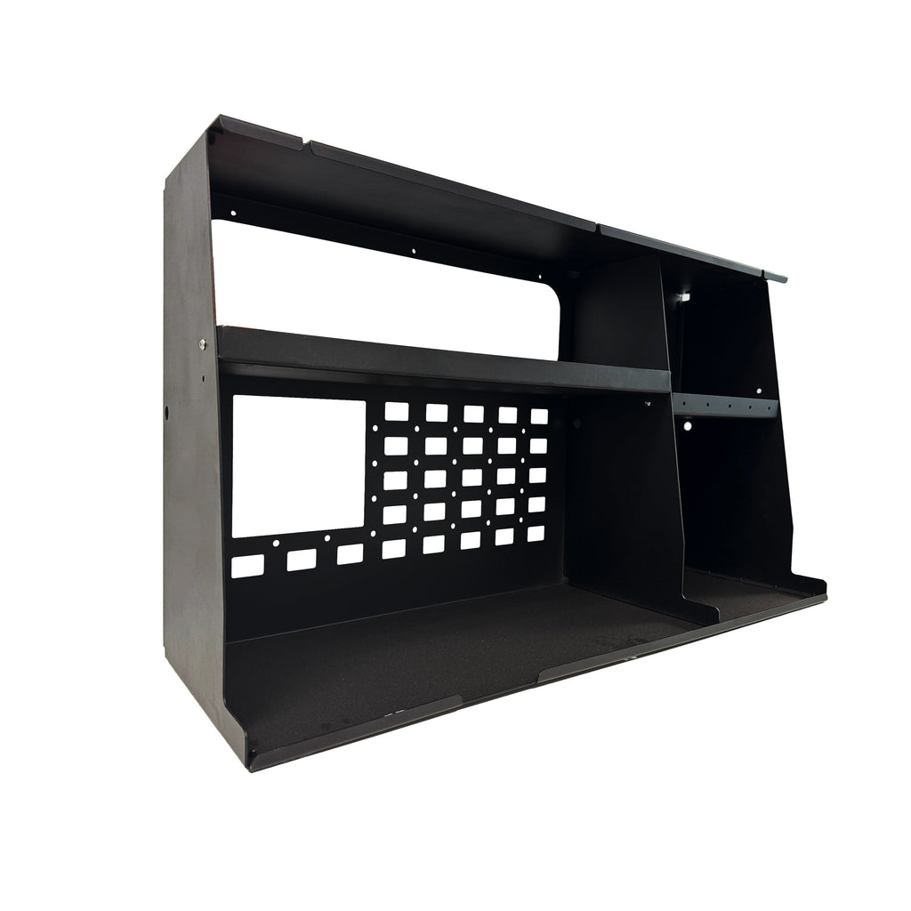 Side-angle view of the Dirtbox Overland Side Molle Box, illustrating its functional design with shelves.