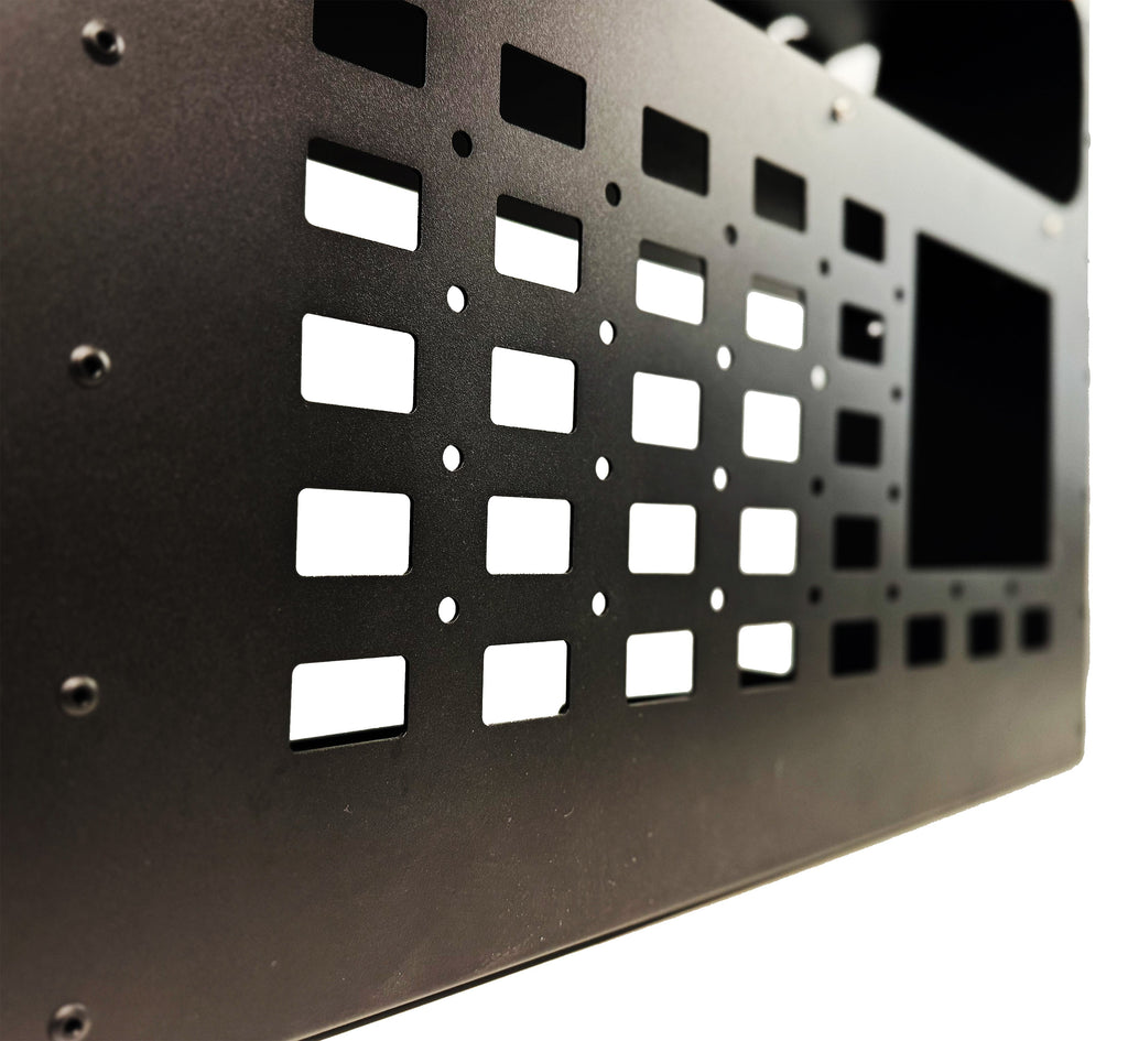 Close-up view of the Side Molle Box featuring durable T5 aluminum construction by Dirtbox Overland. Ideal for organizing gear with multiple mounting holes.