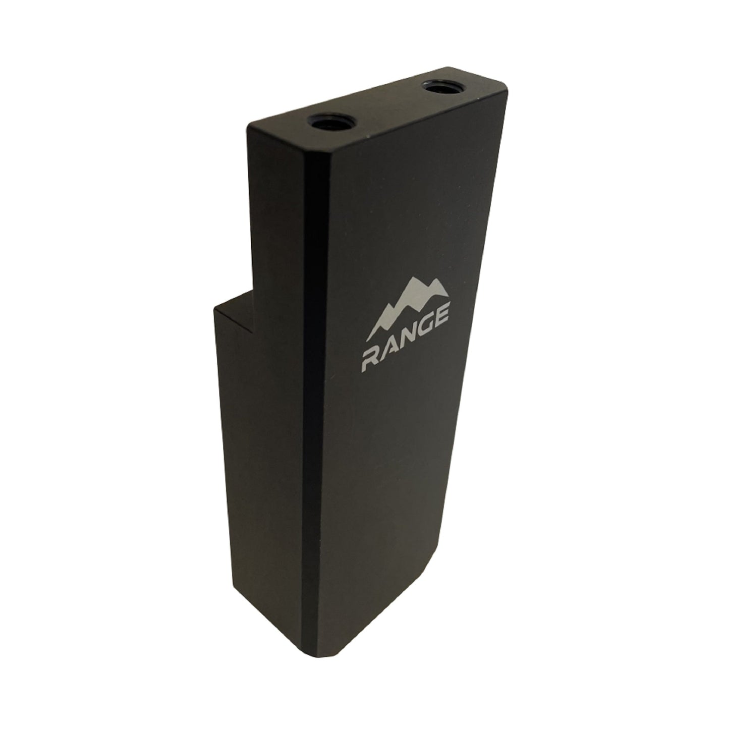 Side view of the mounting block for the 2019+ Silverado/Sierra 1500 Low Profile Tent Rack by Range Industries featuring a logo.