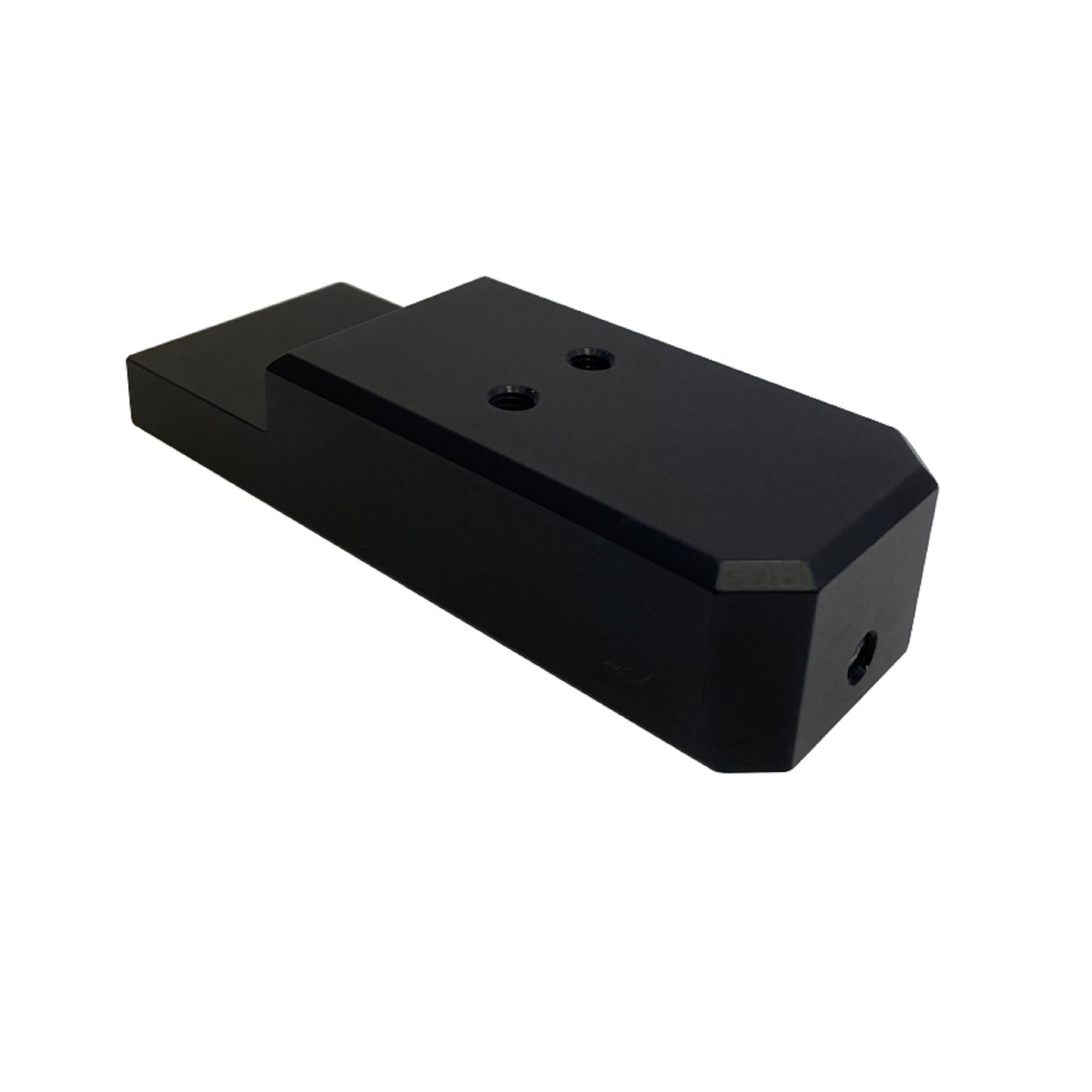Close-up view of a low profile tent rack mounting block from Range Industries designed for 2019+ Silverado/Sierra 1500. It features a sleek black finish and is made from durable materials for quick installation.