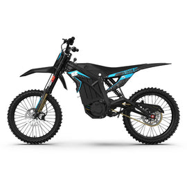 Side view of the Stage2 M1 E Moto electric dirt bike by amped, featuring a lightweight frame and high-performance components, perfect for motocross enthusiasts.