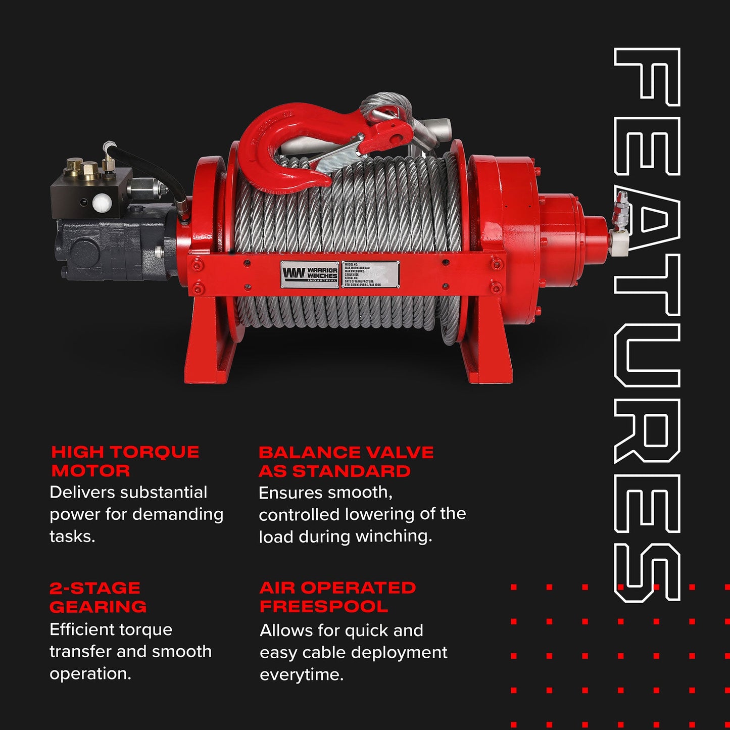 JR10 22,000lb (10 Ton) Industrial Hydraulic Winch - Steel Rope