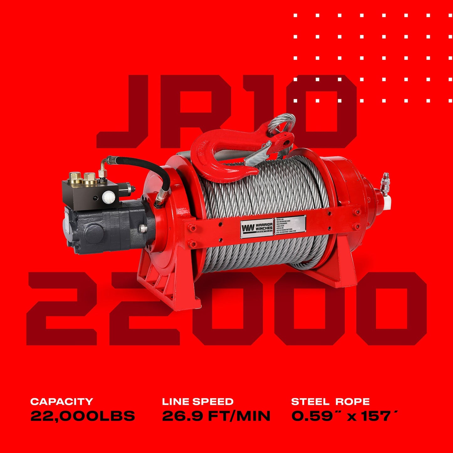 JR10 22,000lb (10 Ton) Industrial Hydraulic Winch - Steel Rope