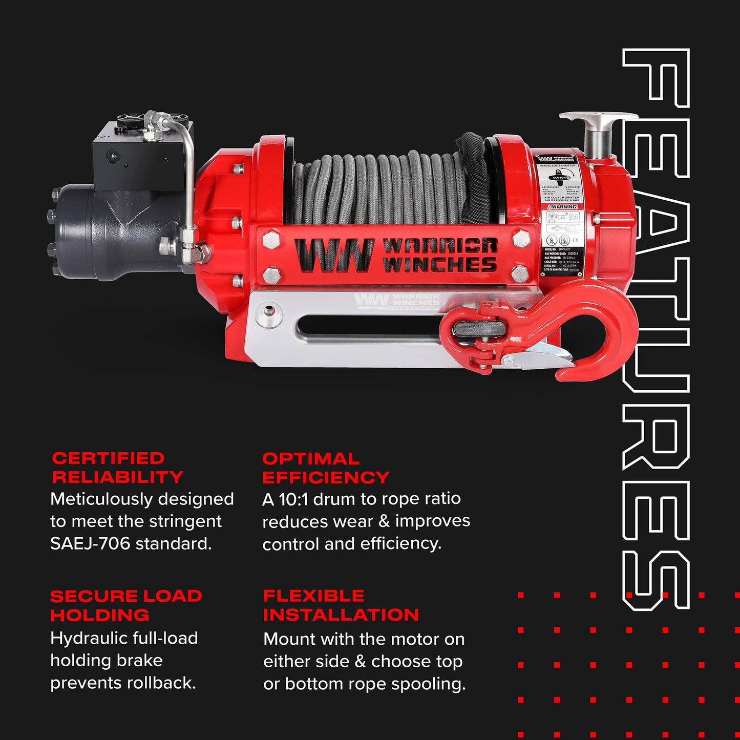 RV10 10,000lb (4.5 Ton) Industrial Hydraulic Winch - Synthetic Rope