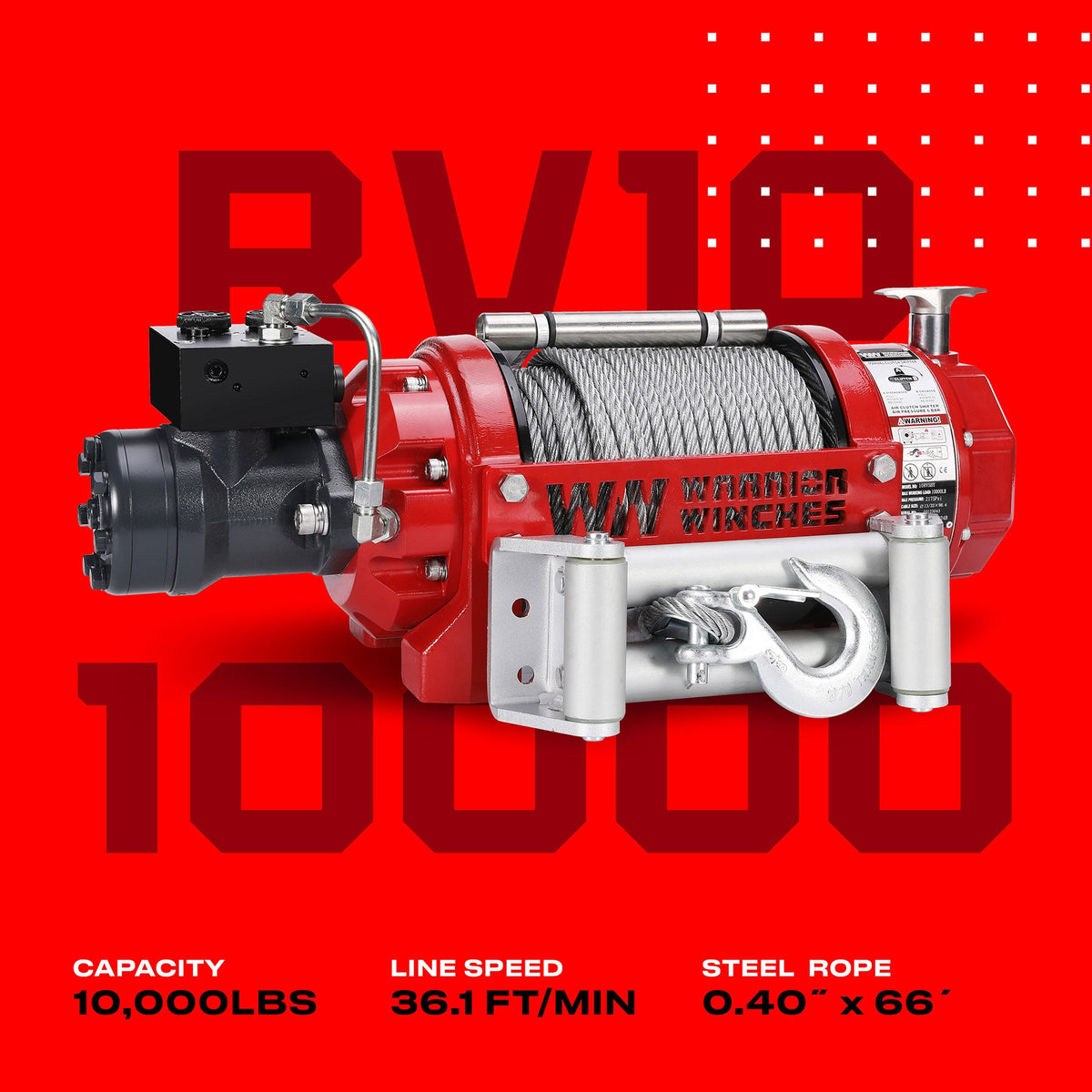 RV10 10,000lb (4.5 Ton) Industrial Hydraulic Winch - Steel Rope