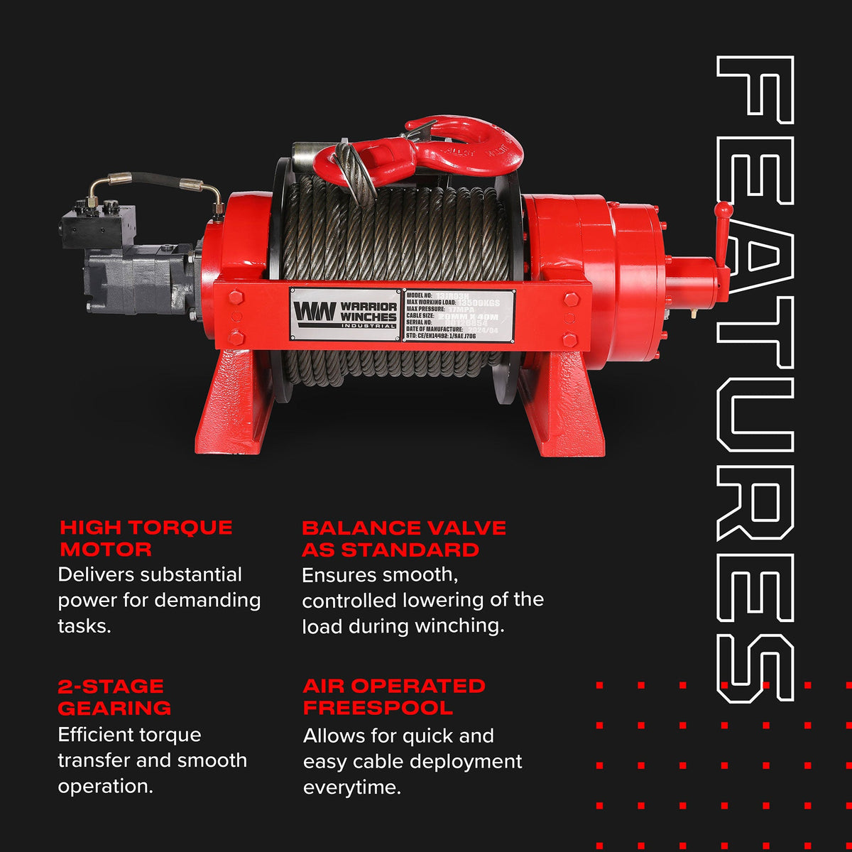 JR13 29,700lb (13.5 Ton) Industrial Hydraulic Winch - Steel Rope