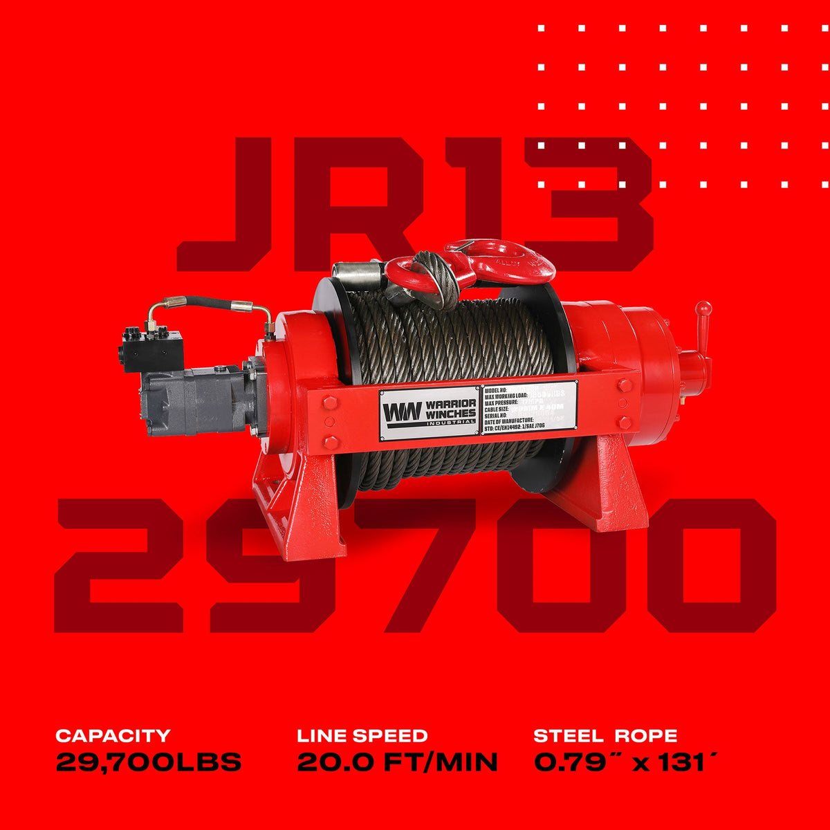 JR13 29,700lb (13.5 Ton) Industrial Hydraulic Winch - Steel Rope