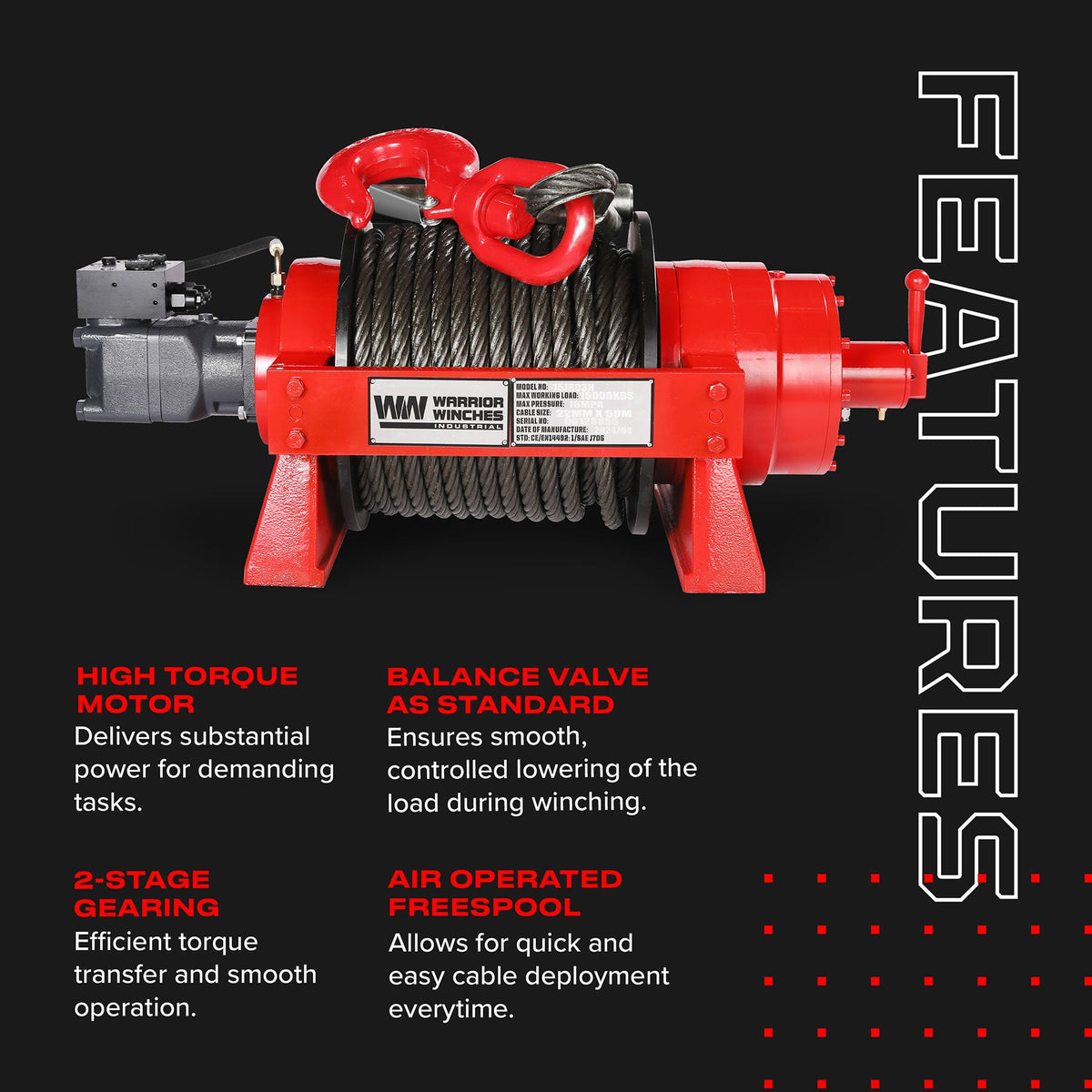 JR15 33,000lb (15 Ton) Industrial Hydraulic Winch - Steel Rope