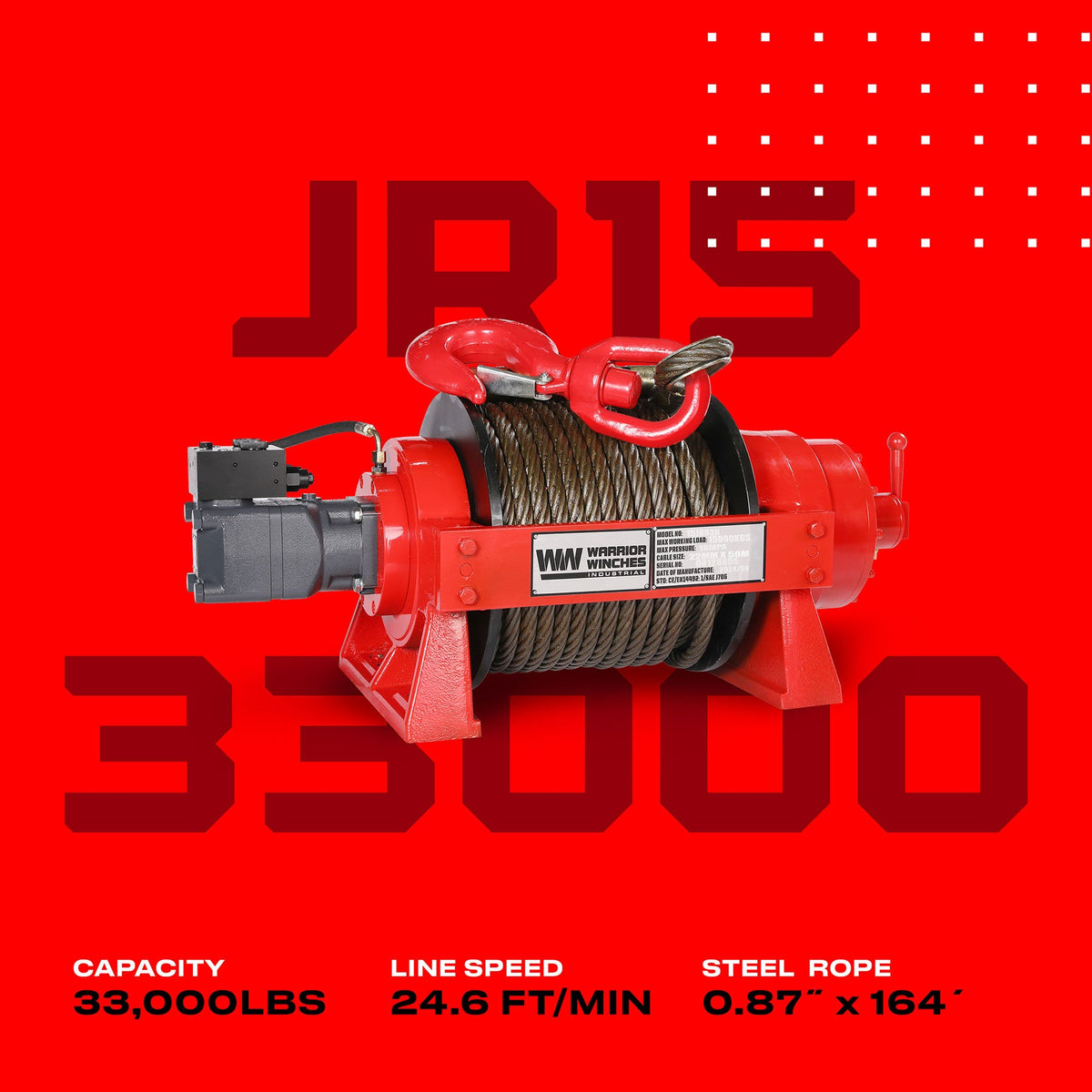 JR15 33,000lb (15 Ton) Industrial Hydraulic Winch - Steel Rope