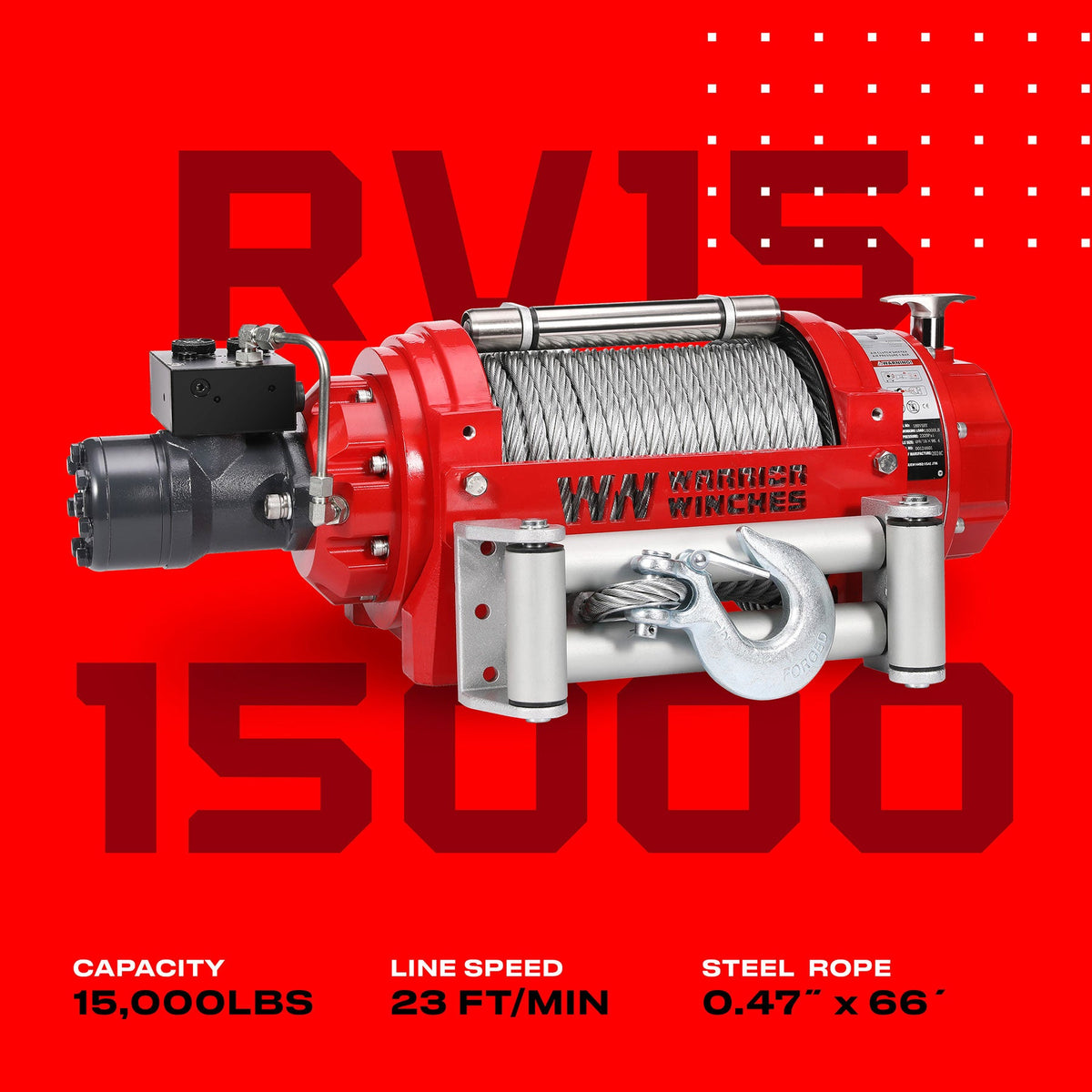 RV15 15,000lb (6.8 Ton) Industrial Hydraulic Winch - Steel Rope