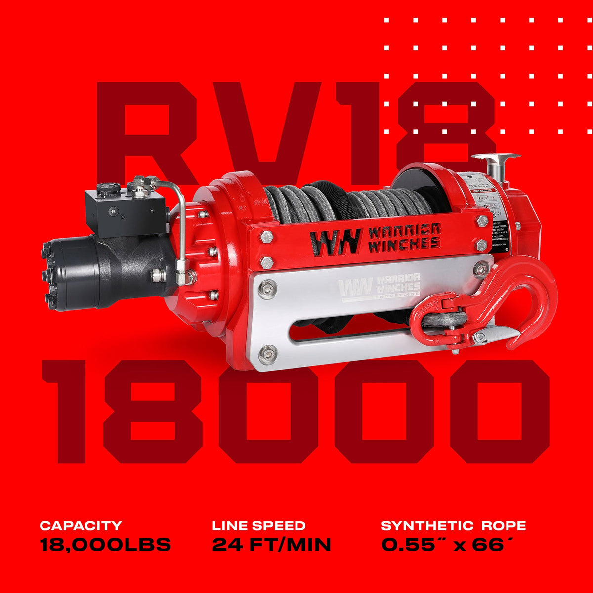 RV18 18,000lb (8.1 Ton) Industrial Hydraulic Winch - Synthetic Rope