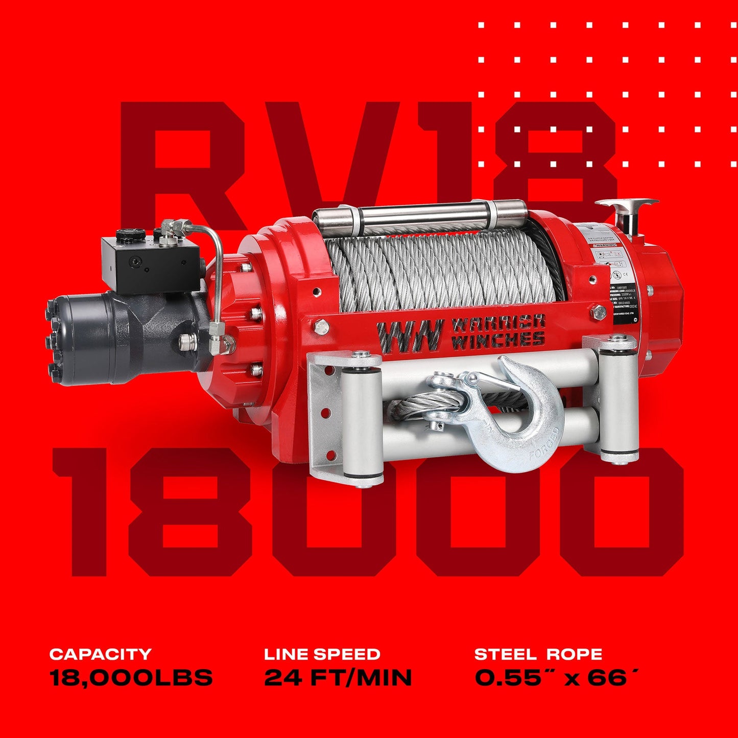 RV18 18,000lb (8.1 Ton) Industrial Hydraulic Winch - Steel Rope