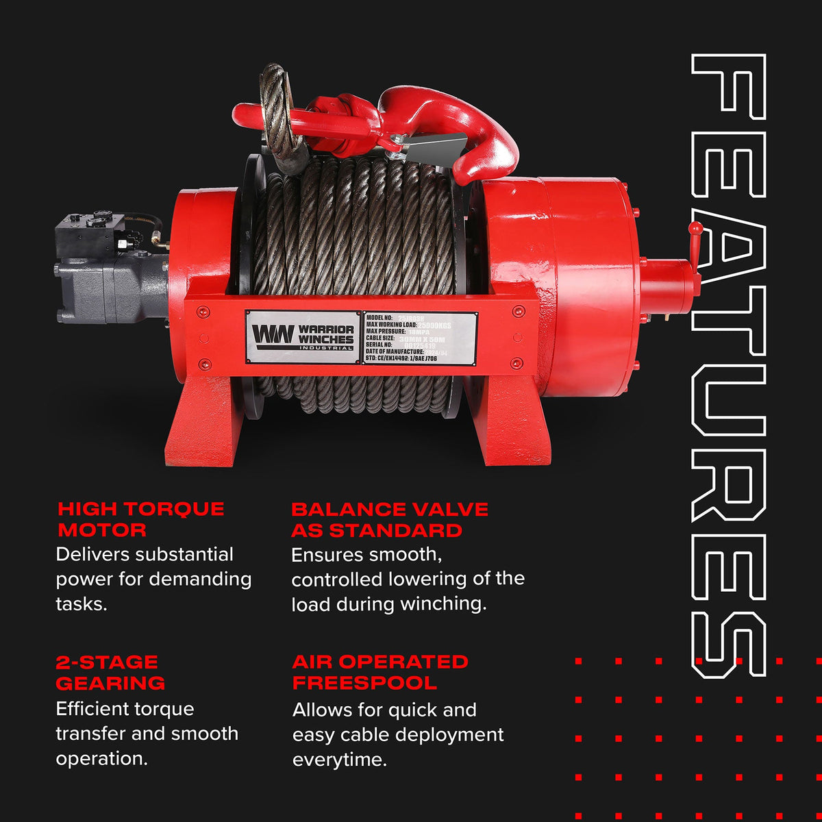 JR25 55,000lb (25 Ton) Industrial Hydraulic Winch - Steel Rope