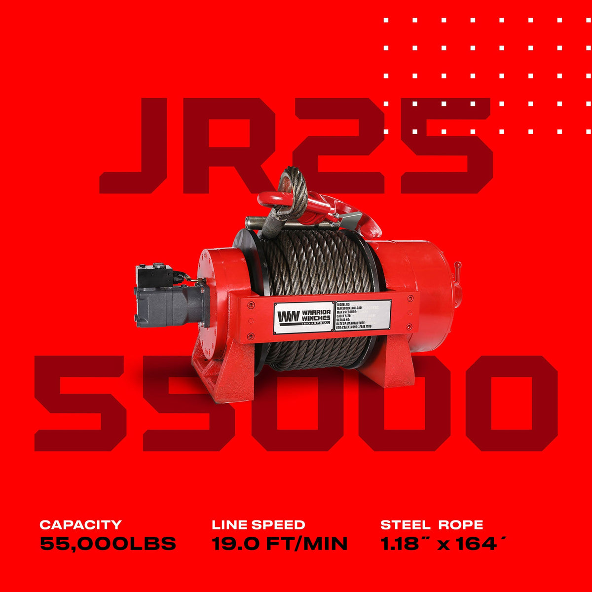 JR25 55,000lb (25 Ton) Industrial Hydraulic Winch - Steel Rope