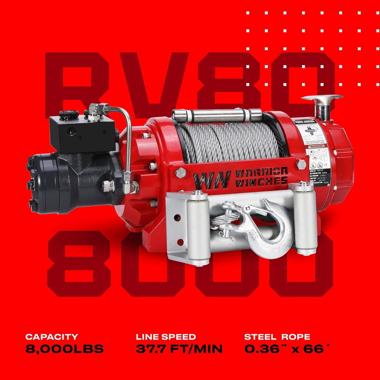 RV8 8,000lb (3.6 Ton) Short Drum Hydraulic Winch - Steel Rope