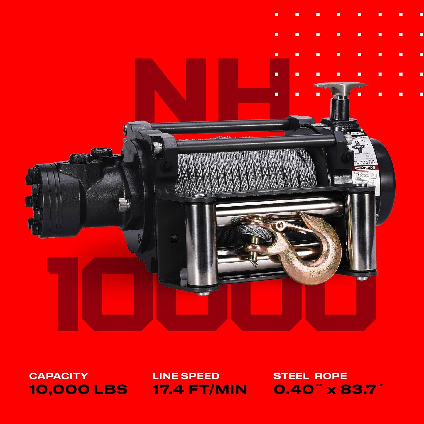 NH 10,000lb Industrial Hydraulic Winch - Steel Rope