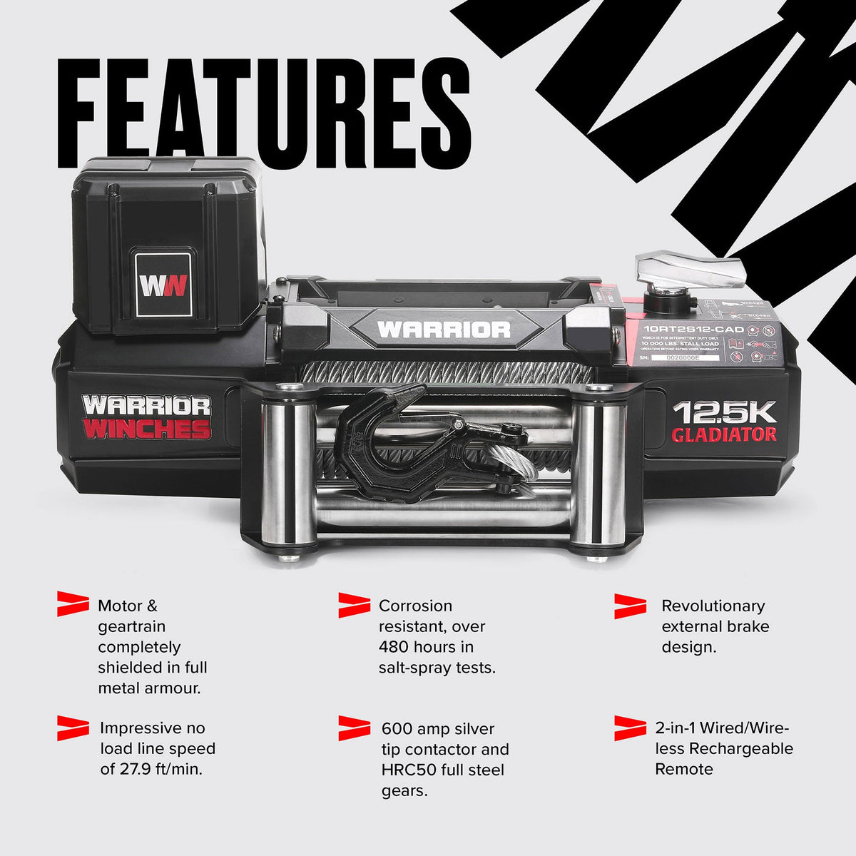 Gladiator V2 R-Type 12,500 Electric Winch - 12v Wire Rope