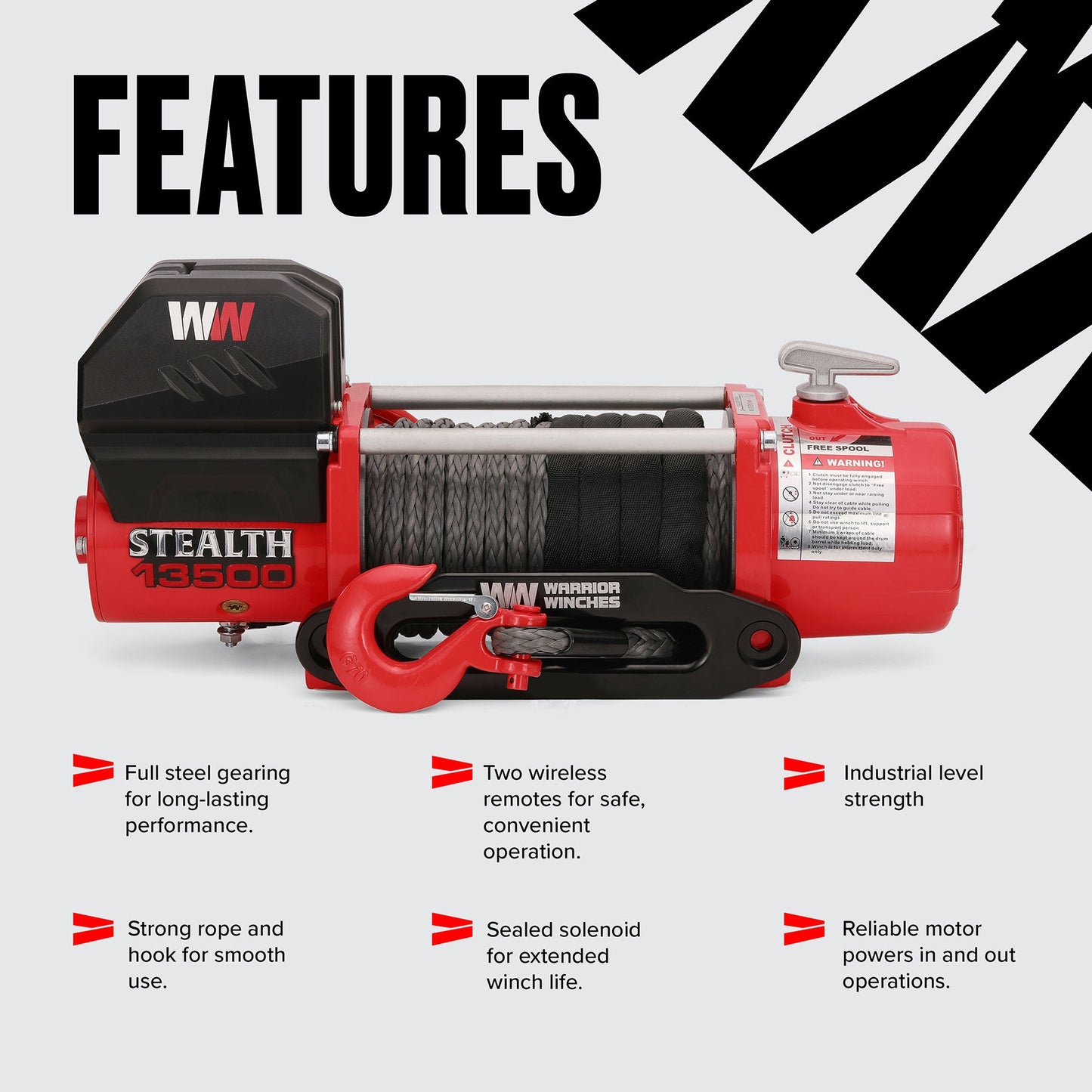 Stealth 13,500lb Electric Winch - 12v Synthetic Rope