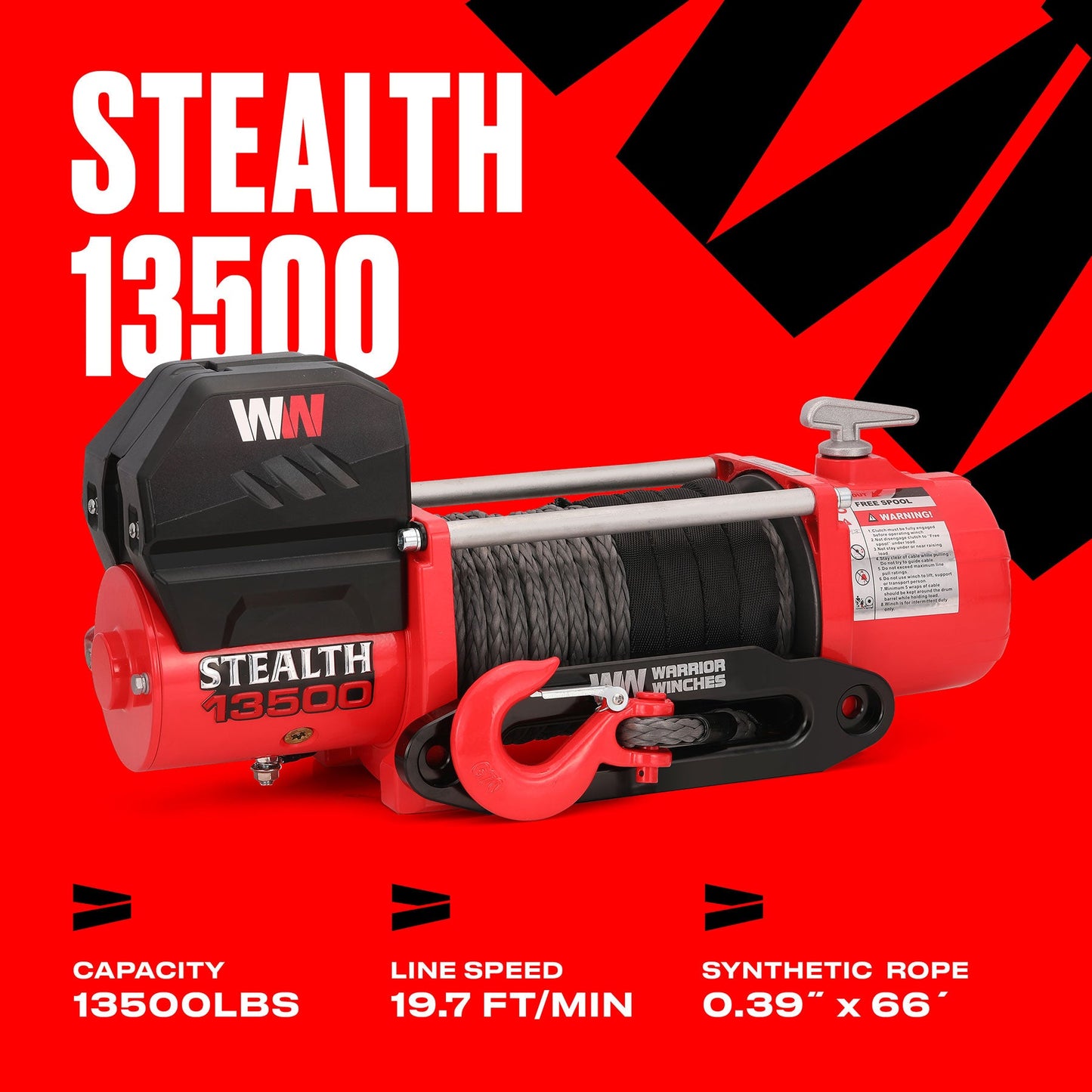 Stealth 13,500lb Electric Winch - 12v Synthetic Rope