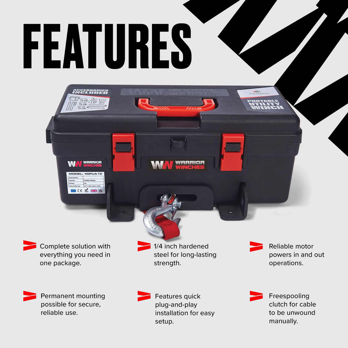 Trojan 4,000lb Portable Utility Winch - 12v Synthetic Rope