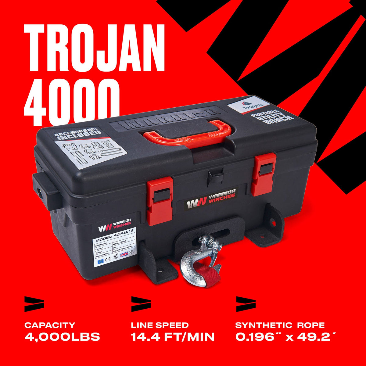 Trojan 4,000lb Portable Utility Winch - 12v Synthetic Rope