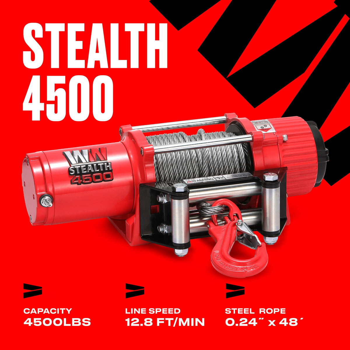 Stealth 4,500lb Electric Winch - 12v Steel Rope