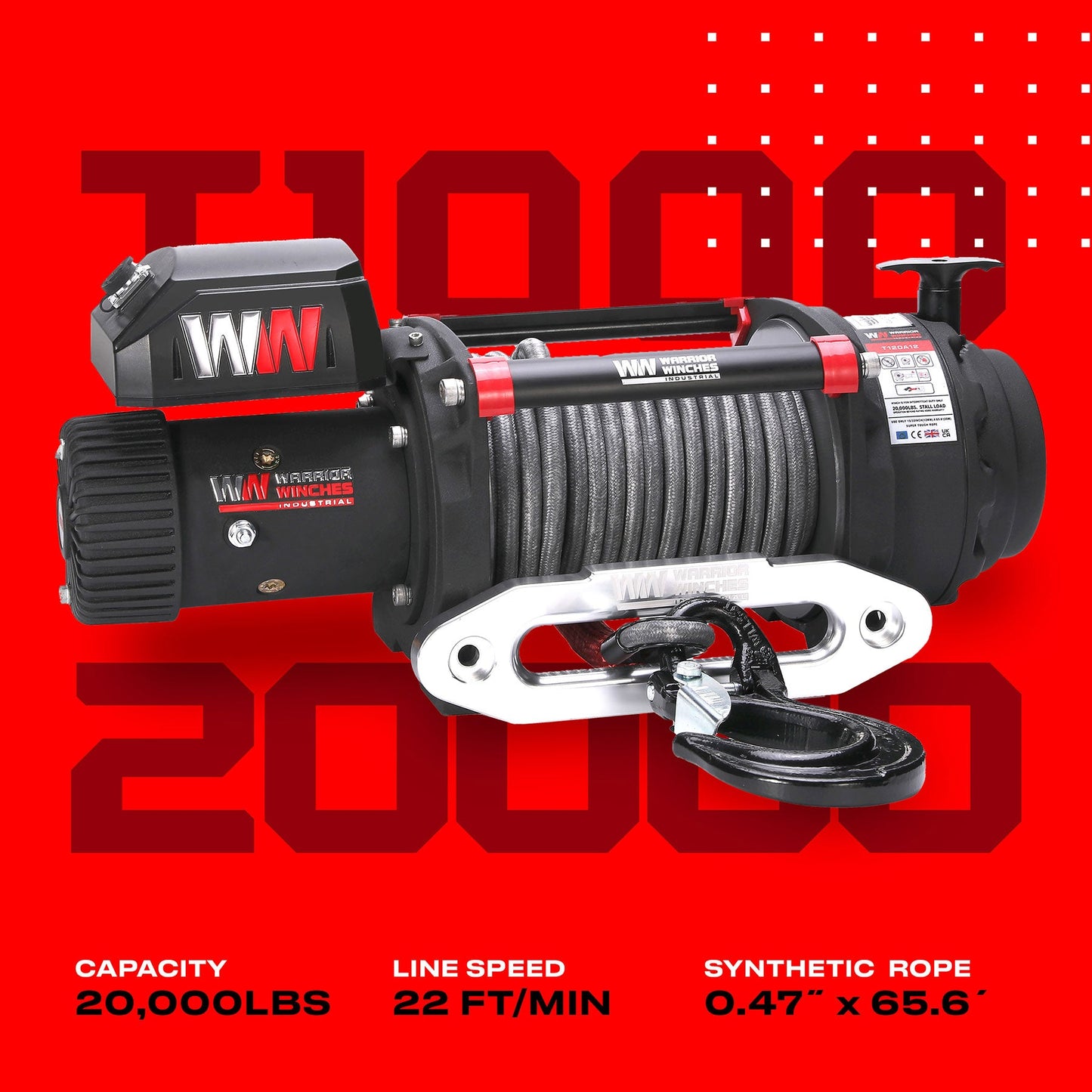 T1000 20,000lb Electric Winch - 12v Synthetic Rope