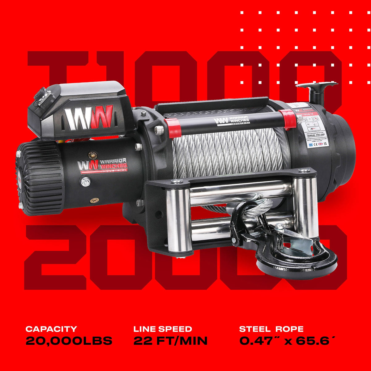 T1000 20,000lb Electric Winch - 12v Steel Rope