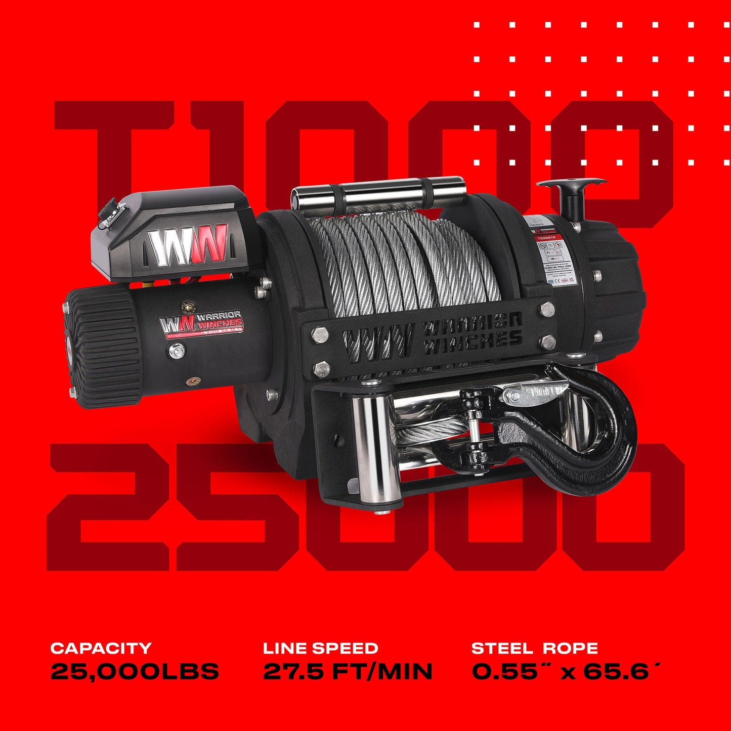 T1000 25,000lb Electric Winch - 12v Steel Rope