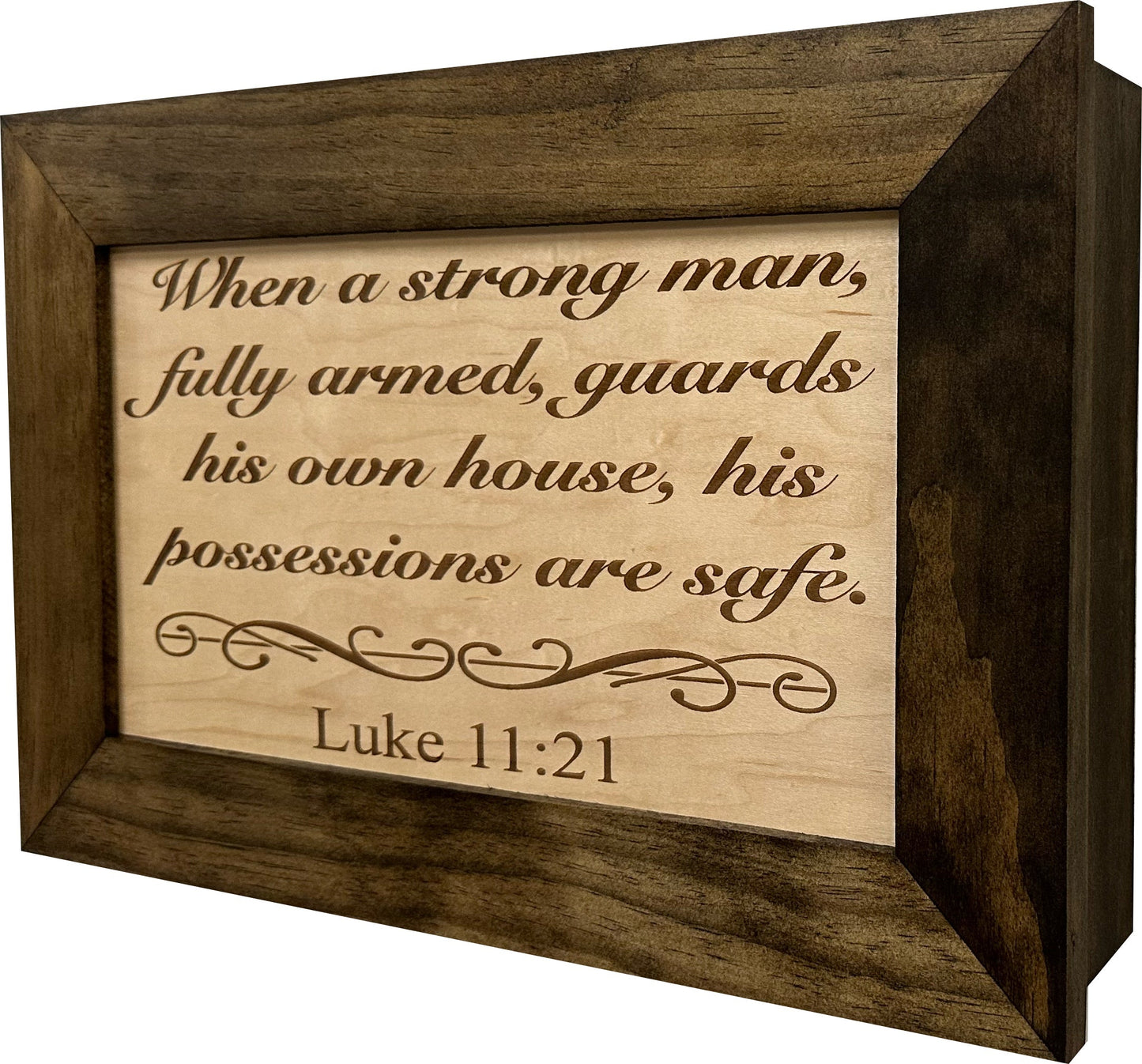 Luke 11:21 Wall Gun Safe - Religious Hidden Gun Safe - Handcrafted Concealment Furniture for Guns - Quick Access Firearm Storage with Magnetic Lock - Hidden Shelf Safe