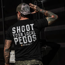 Load image into Gallery viewer, Back view of a man in a black t-shirt displaying 'Shoot Your Local Pedos' as he works out, designed by Combat Iron Apparel.