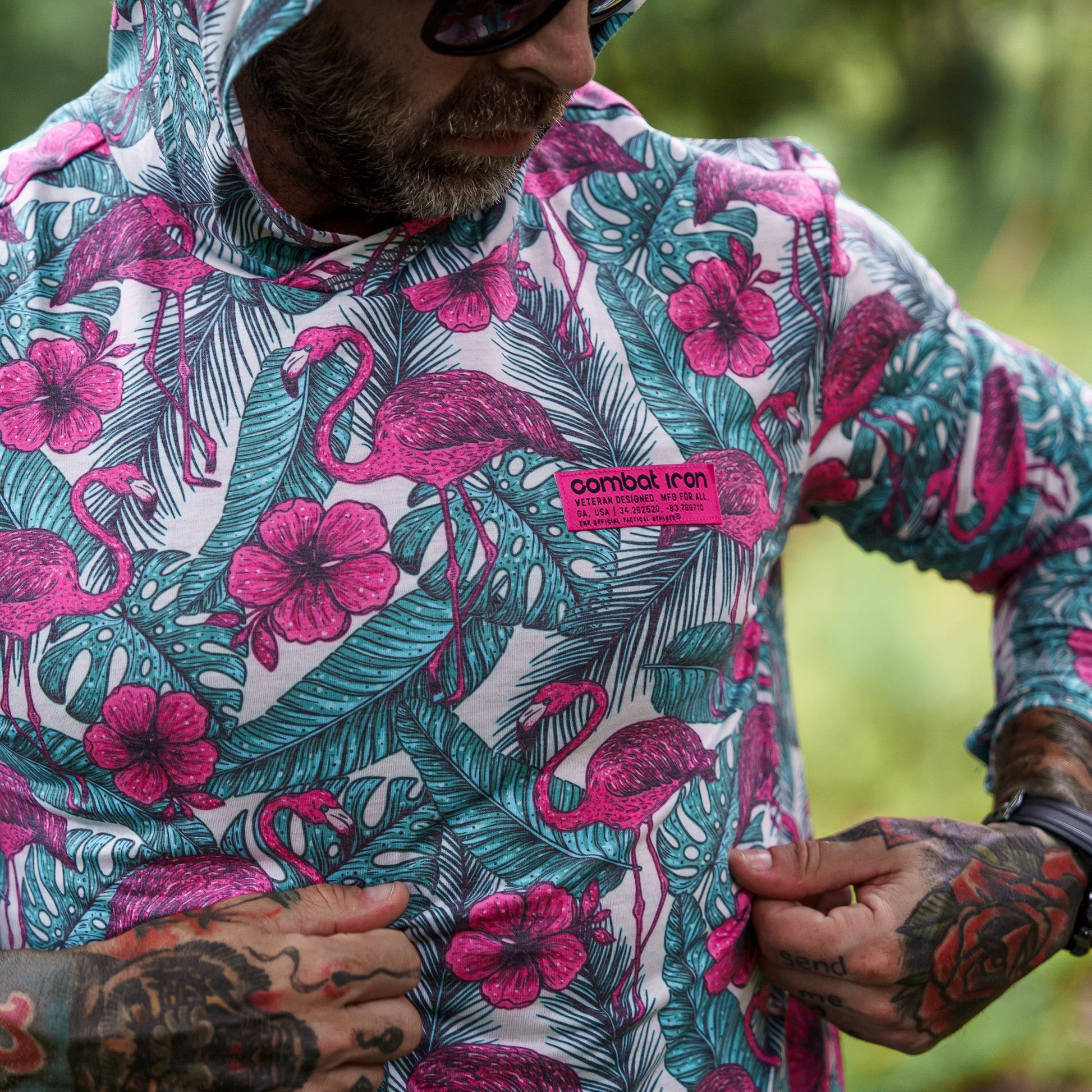 Close-up of the unique design of the Men's Outdoors Long Sleeve Performance Hoodie by Combat Iron Apparel.