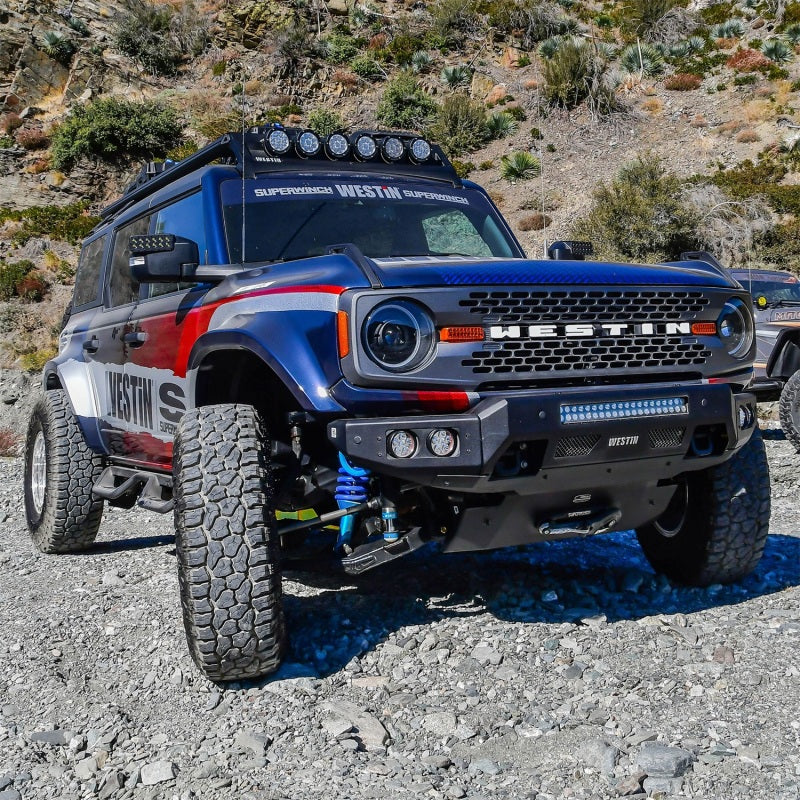 Close-up view of a Ford Bronco featuring the Superwinch Hidden Winch Mount, highlighting its rugged design and advanced winching features.