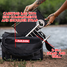 Load image into Gallery viewer, Close-up of LavaBox Bugout Bag showing compartments and grill stand. Great for carrying outdoor supplies.