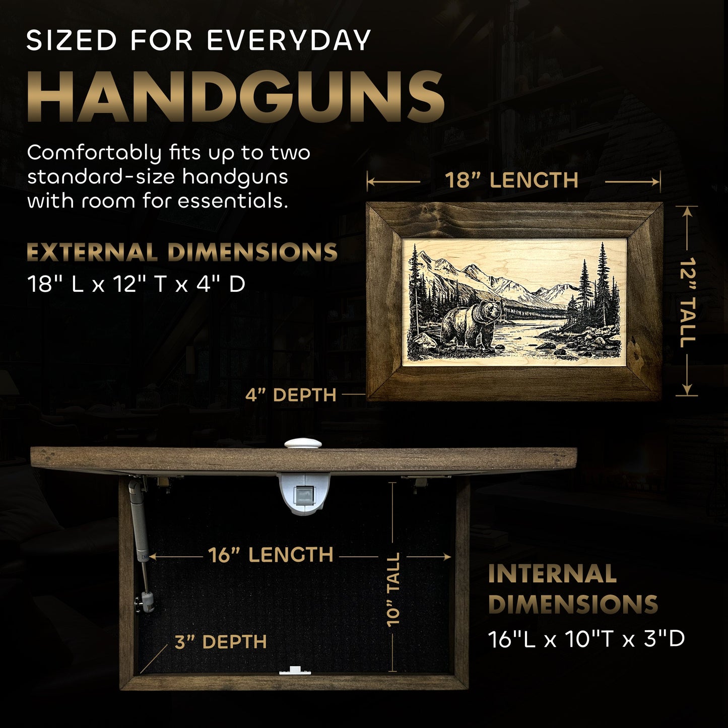 Wilderness Mountain Bear Gun Concealment Furniture - Handcrafted Hidden Gun Storage Wall Decor - Hidden Safe Furniture with Magnetic Lock for Quick Access - Made in USA
