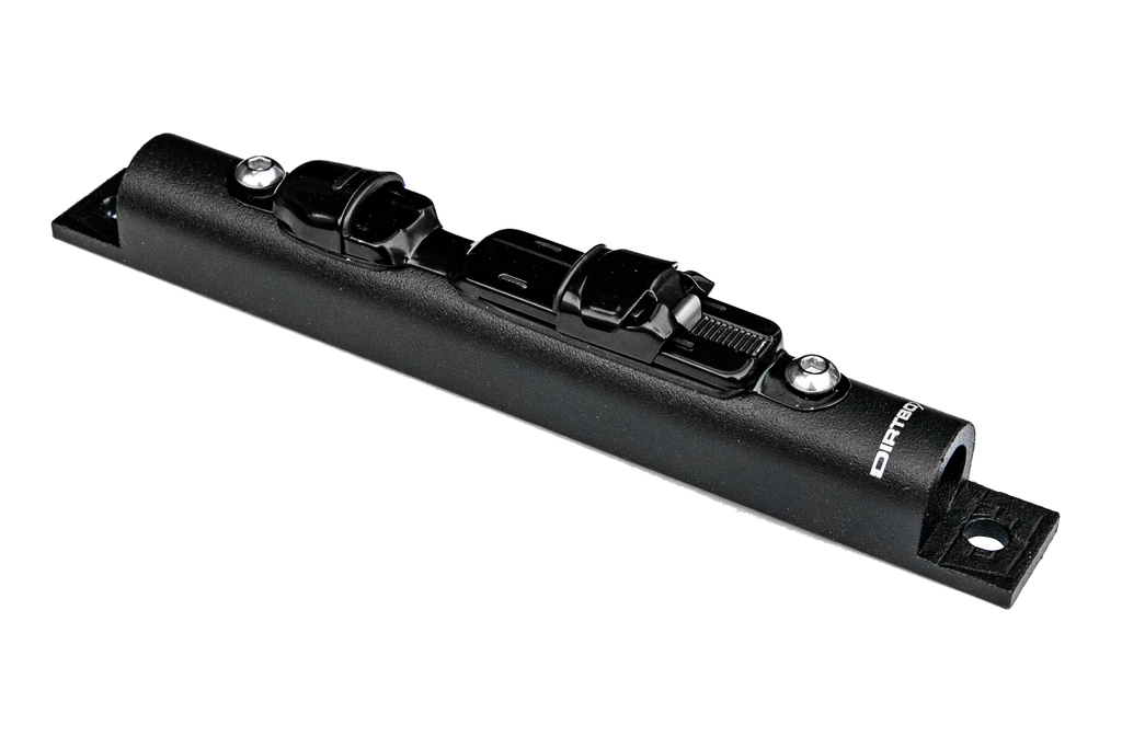 Close-up of the Dirtbox Overland Fishing Reel Mount highlighting its durable aluminum construction for secure and organized fishing reel storage.