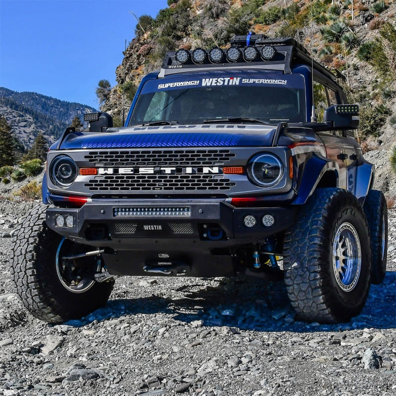 Front angle of a Ford Bronco fitted with Superwinch Hidden Winch Mount, emphasizing its robust construction and stylish appearance.