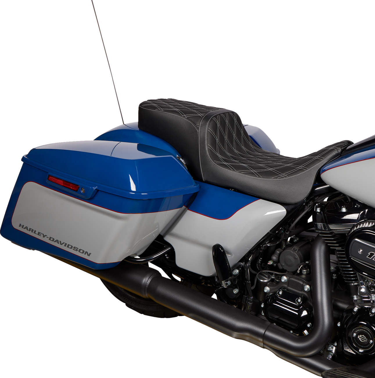 DRAG SPECIALTIES SEATS, Drag Specialties Seats Predator 2-Up Seat with Vinyl Cover and Double Diamond Silver Stitch for Harley FL 2008-2023, Part #0801-1492