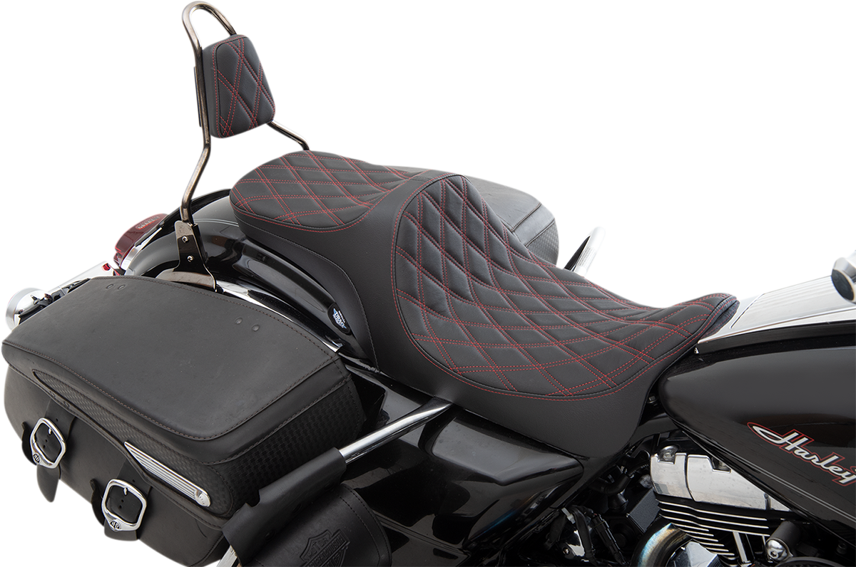 DRAG SPECIALTIES SEATS, DRAG SPECIALTIES SEATS Predator III 2-Up Seat - Double Diamond Red Thread for Harley-Davidson FL 2008-2023 (Part #0801-1306)