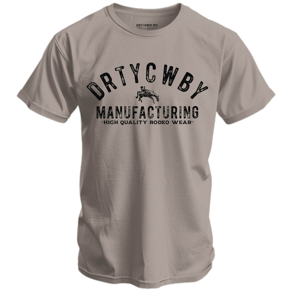 Stylish gray t-shirt with bold 'DRTYCWBY MANUFACTURING - HIGH QUALITY RODEO WEAR' lettering, from the Original Dirty Cowboy MFG line by Combat Iron Apparel.