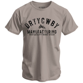 Stylish gray t-shirt with bold 'DRTYCWBY MANUFACTURING - HIGH QUALITY RODEO WEAR' lettering, from the Original Dirty Cowboy MFG line by Combat Iron Apparel.