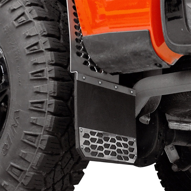 Putco's Hex Shield Mud Skins in carbon black finish mounted on 10-24 Ram HD truck.