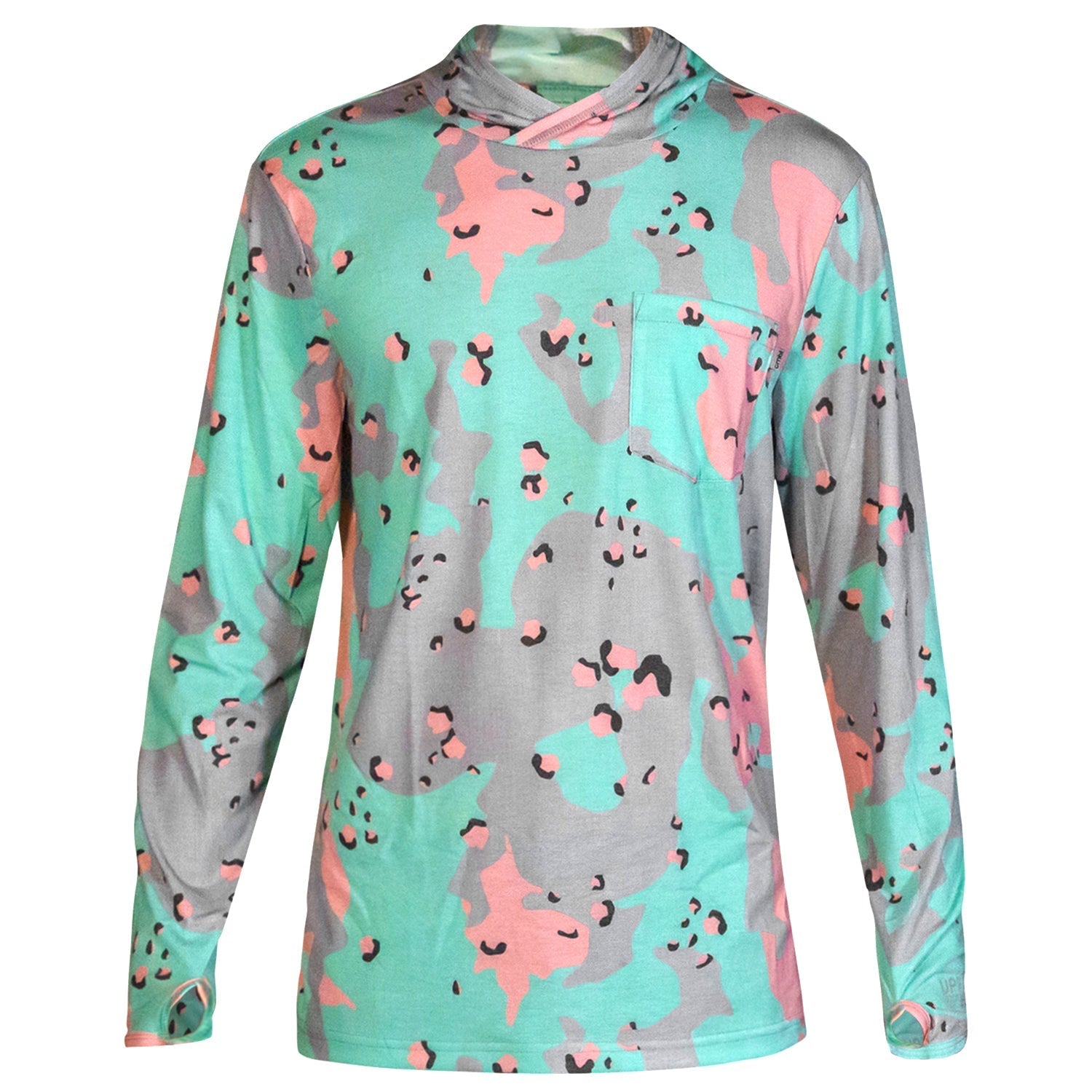 Men's Outdoors Long Sleeve Performance Hoodie by Combat Iron Apparel in a light camo print, displayed at a scenic location.
