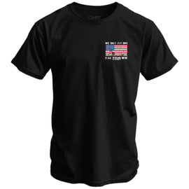 Front view of the Only Flag We Fly 'Round Here Men's T-Shirt by Combat Iron Apparel, showcasing a small American flag graphic with the phrase printed on a black tee.