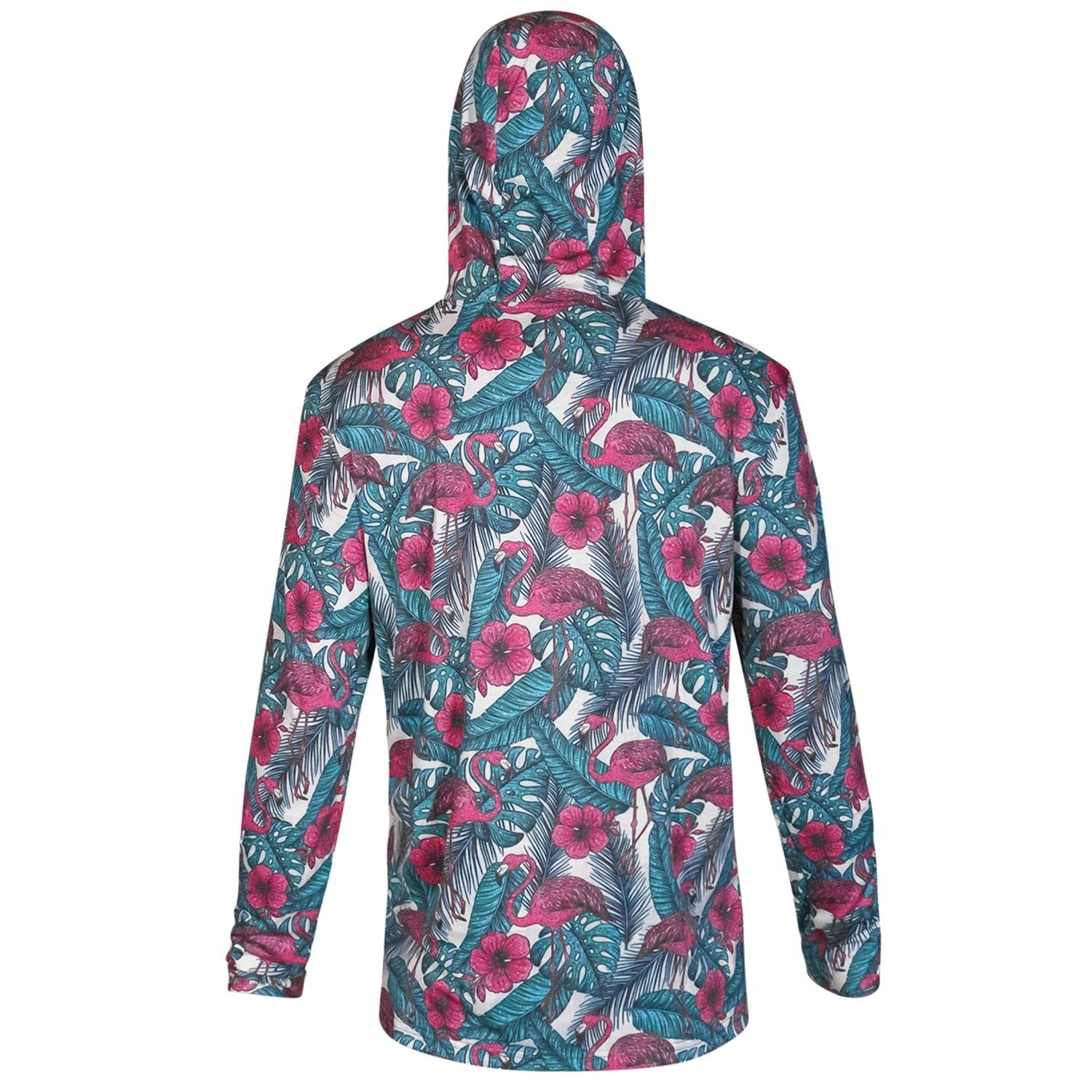 Back view of Men's Outdoors Long Sleeve Performance Hoodie by Combat Iron Apparel with vibrant tribal print.