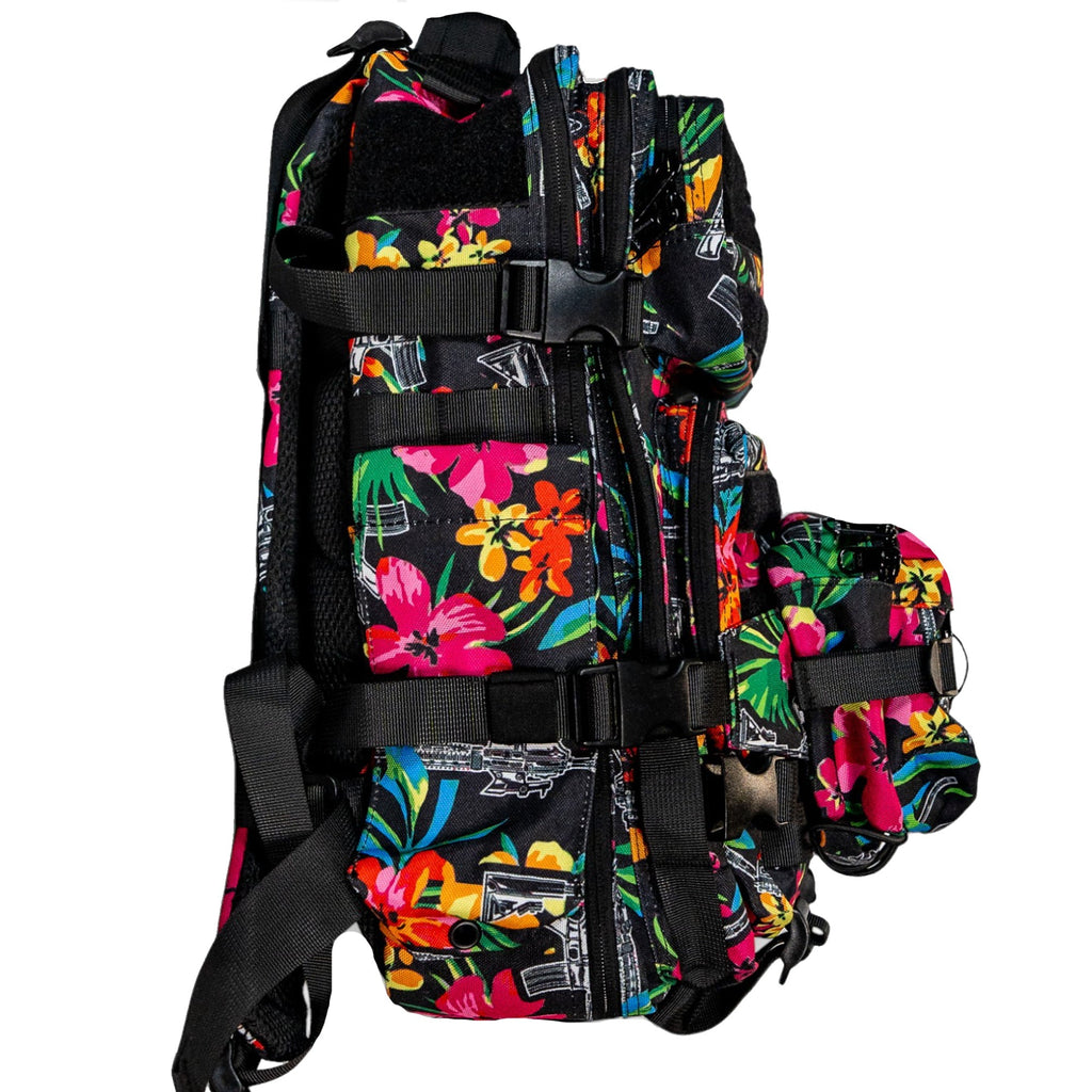 Combat Iron Apparel's 25L Sack™ Original All-Day Molle Backpack with Pouch, perfect for a day out, showcasing colorful patches.