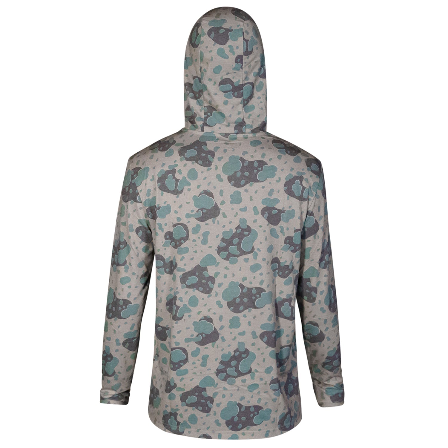 Men's Outdoors Long Sleeve Performance Hoodie, featuring vivid tribal patterns by Combat Iron Apparel, being styled outdoors.
