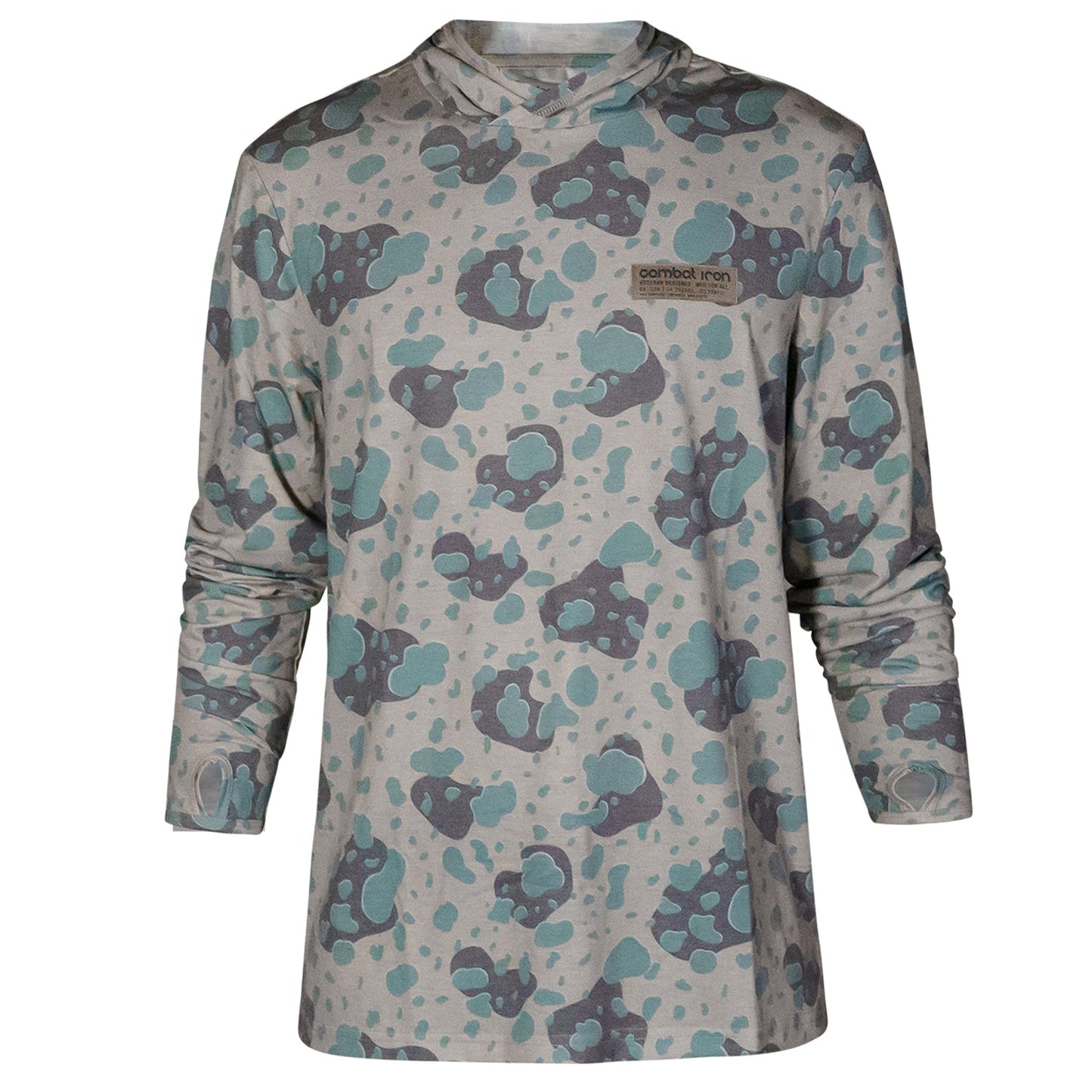 Men's Outdoors Long Sleeve Performance Hoodie by Combat Iron Apparel, modeled by a man in a natural outdoor setting.