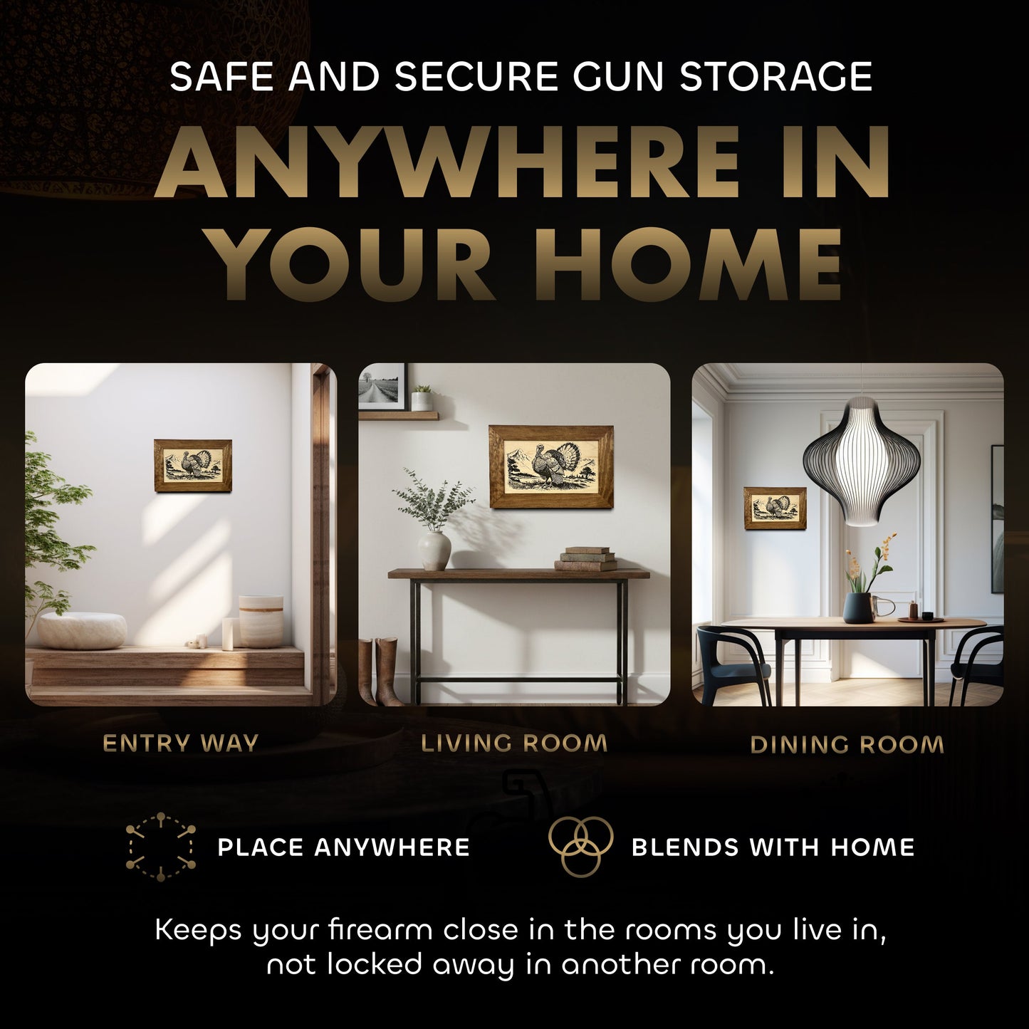 Wild Turkey Gobbler Gun Concealment Furniture - Handcrafted Hidden Gun Storage Wall Decor - Hidden Safe Furniture with Magnetic Lock for Quick Access & Storage