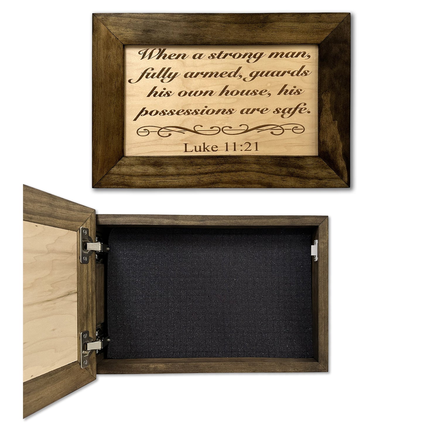 Luke 11:21 Wall Gun Safe - Religious Hidden Gun Safe - Handcrafted Concealment Furniture for Guns - Quick Access Firearm Storage with Magnetic Lock - Hidden Shelf Safe